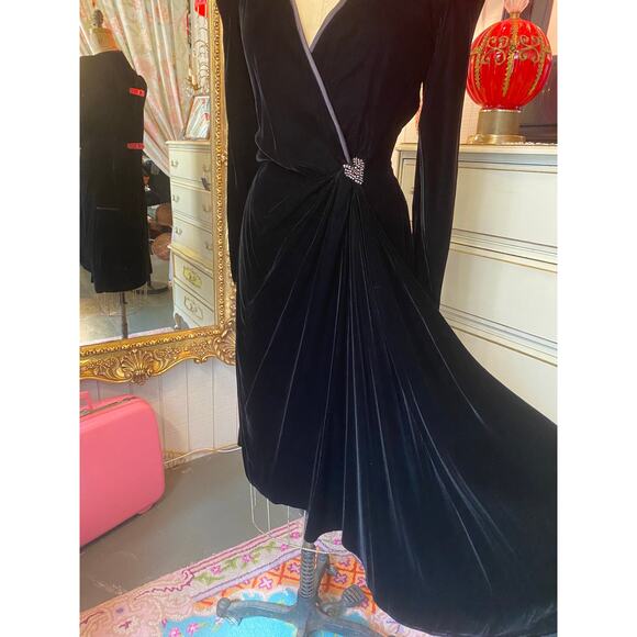 Vintage 1980s black velvet Victor Costa cocktail dress wrap draped rhinestone m - Picture 4 of 11